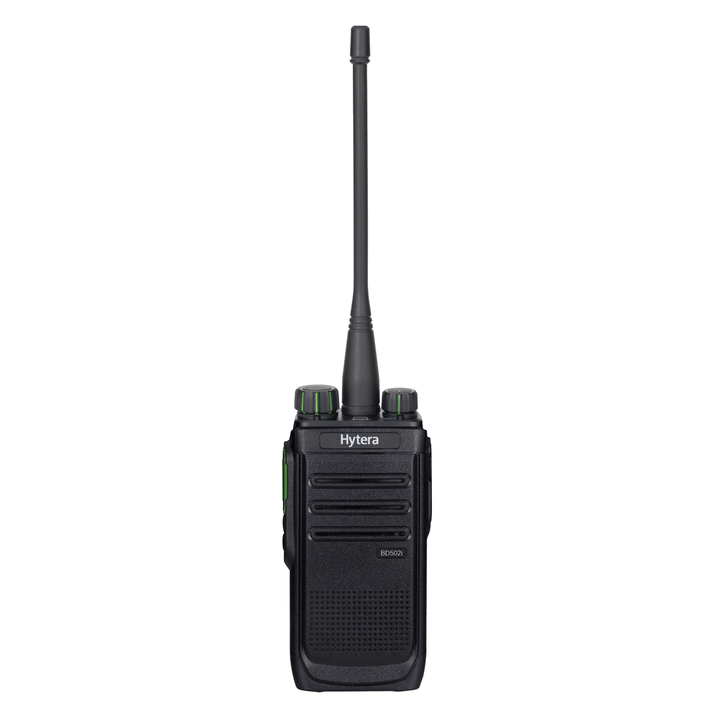 A hytera walkie talkie with a long antenna on a white background.