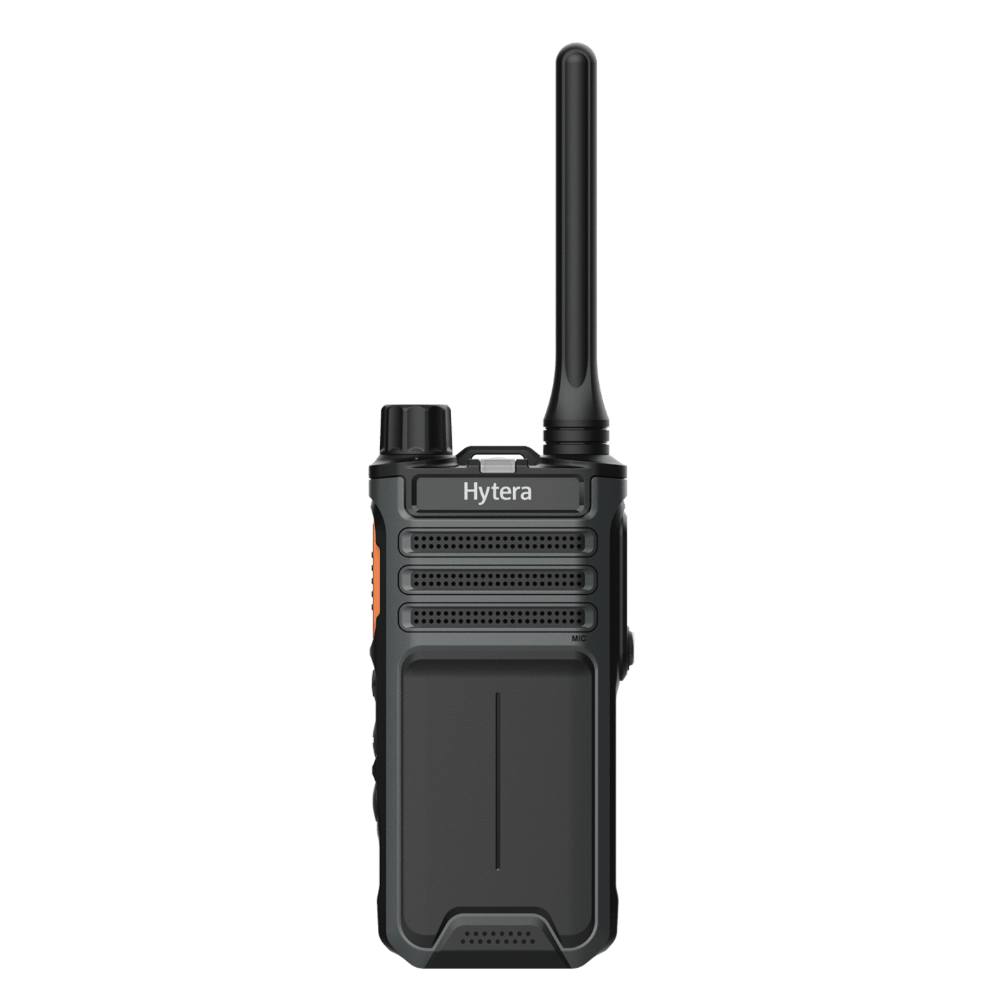 A hytera walkie talkie with a long antenna on a white background.