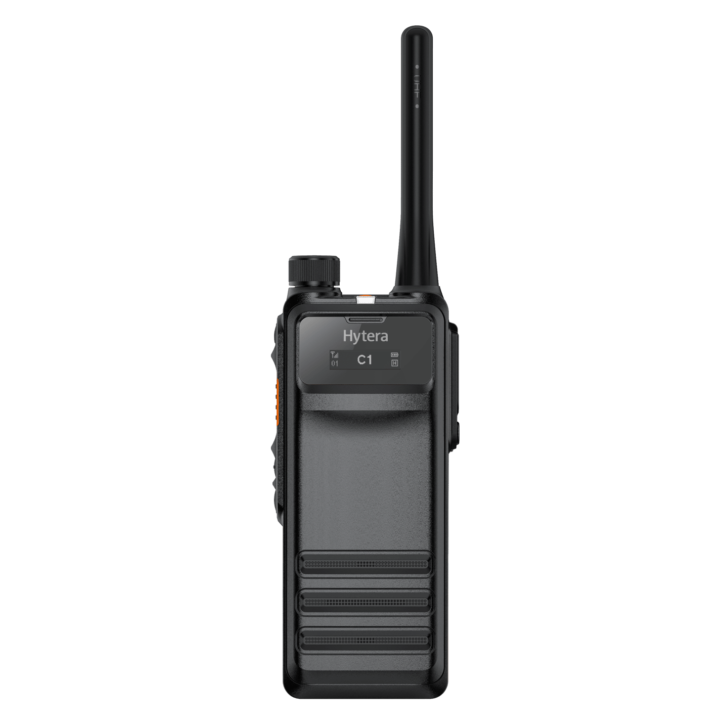 A hytera walkie talkie is sitting on a white surface.