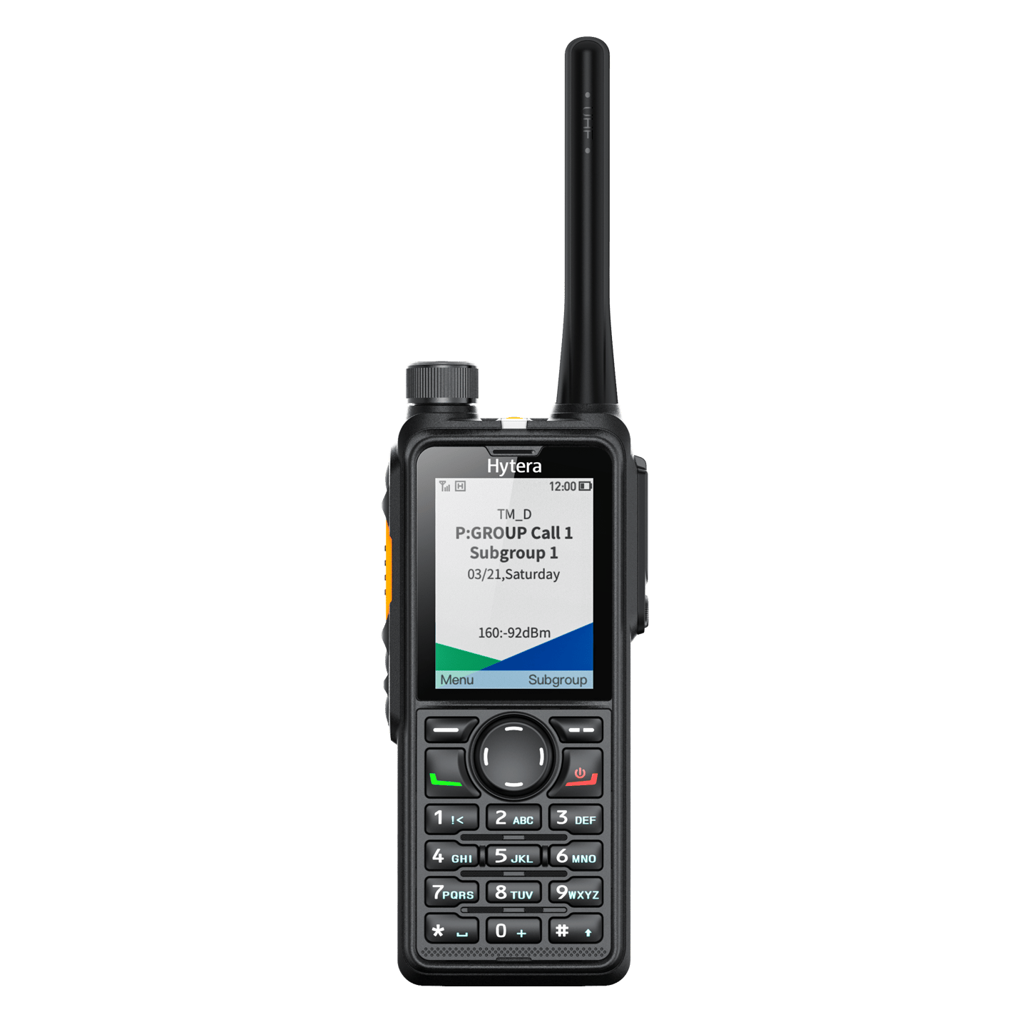 A black walkie talkie with a screen and buttons on a white background.