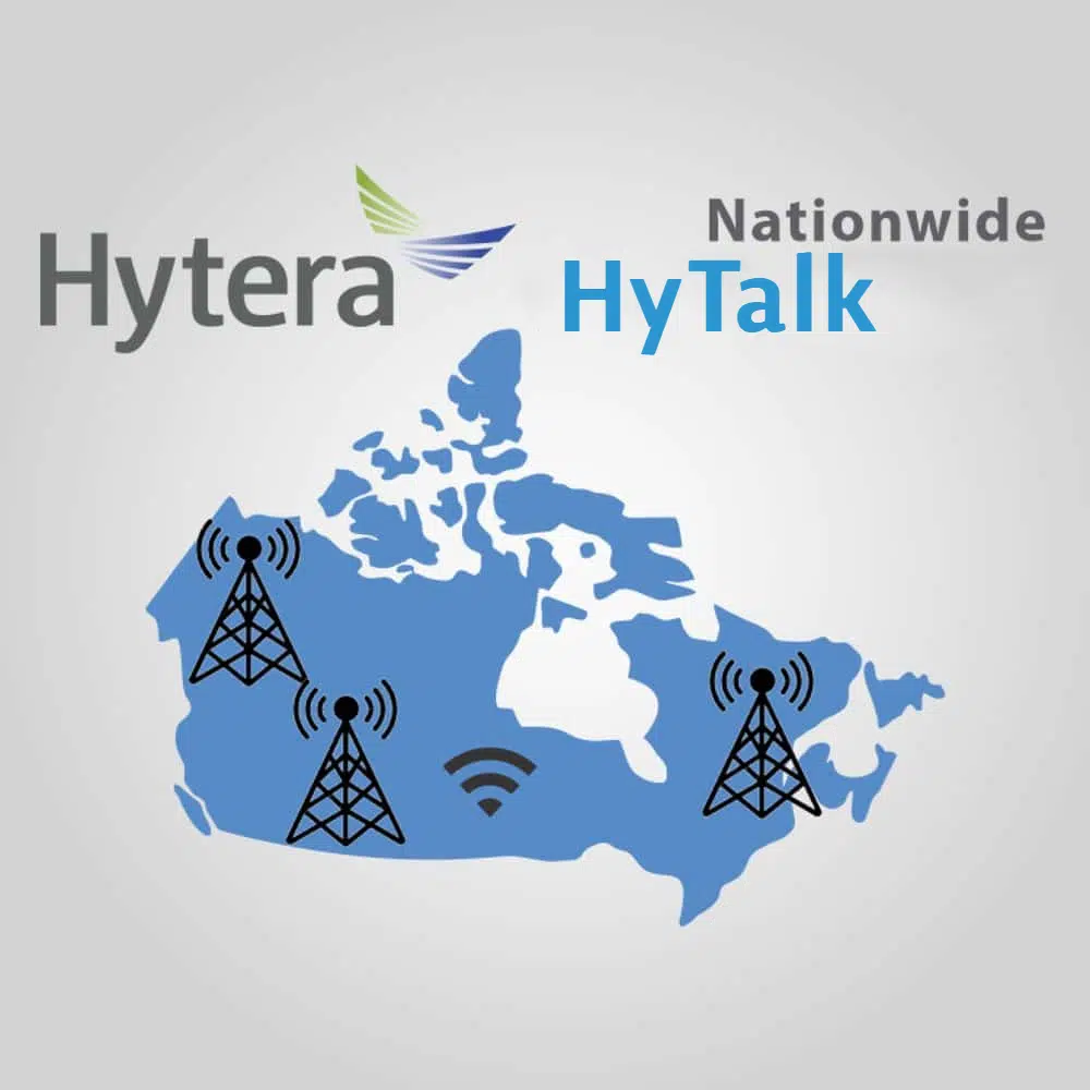 A logo for hytera nationwide hytalk with a map of canada