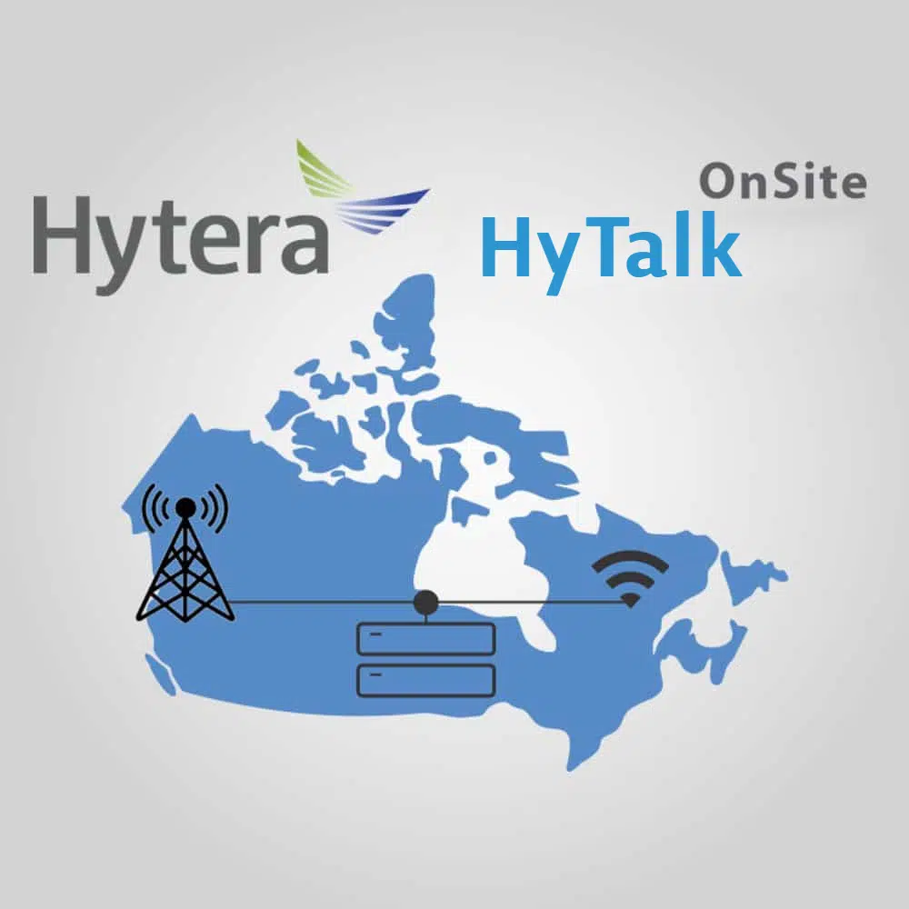 A logo for hytera onsite hy talk with a map of canada