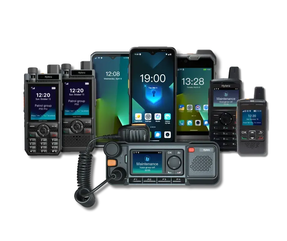Collection of various communication devices, including smartphones and radios.