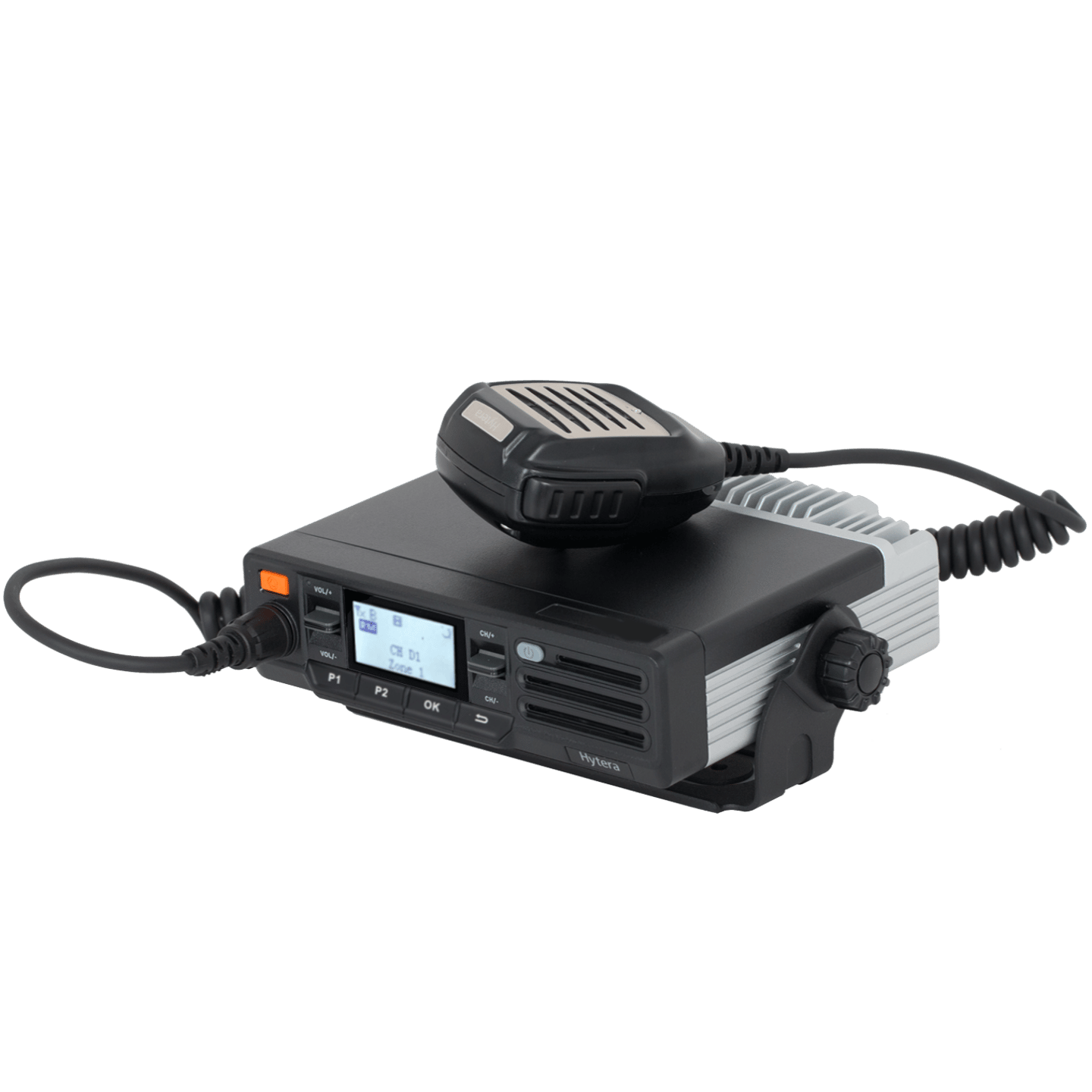 A black radio with a microphone attached to it