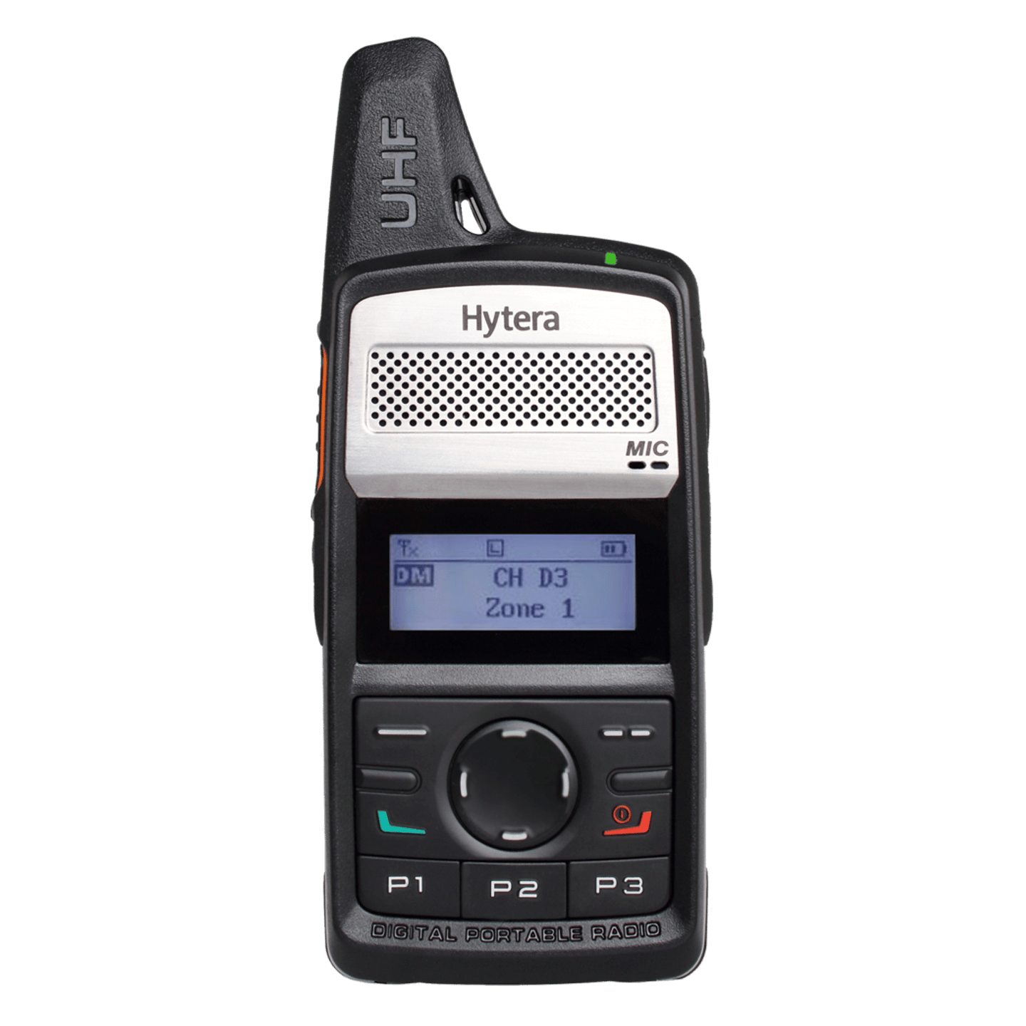 A hytera walkie talkie is shown on a white background.