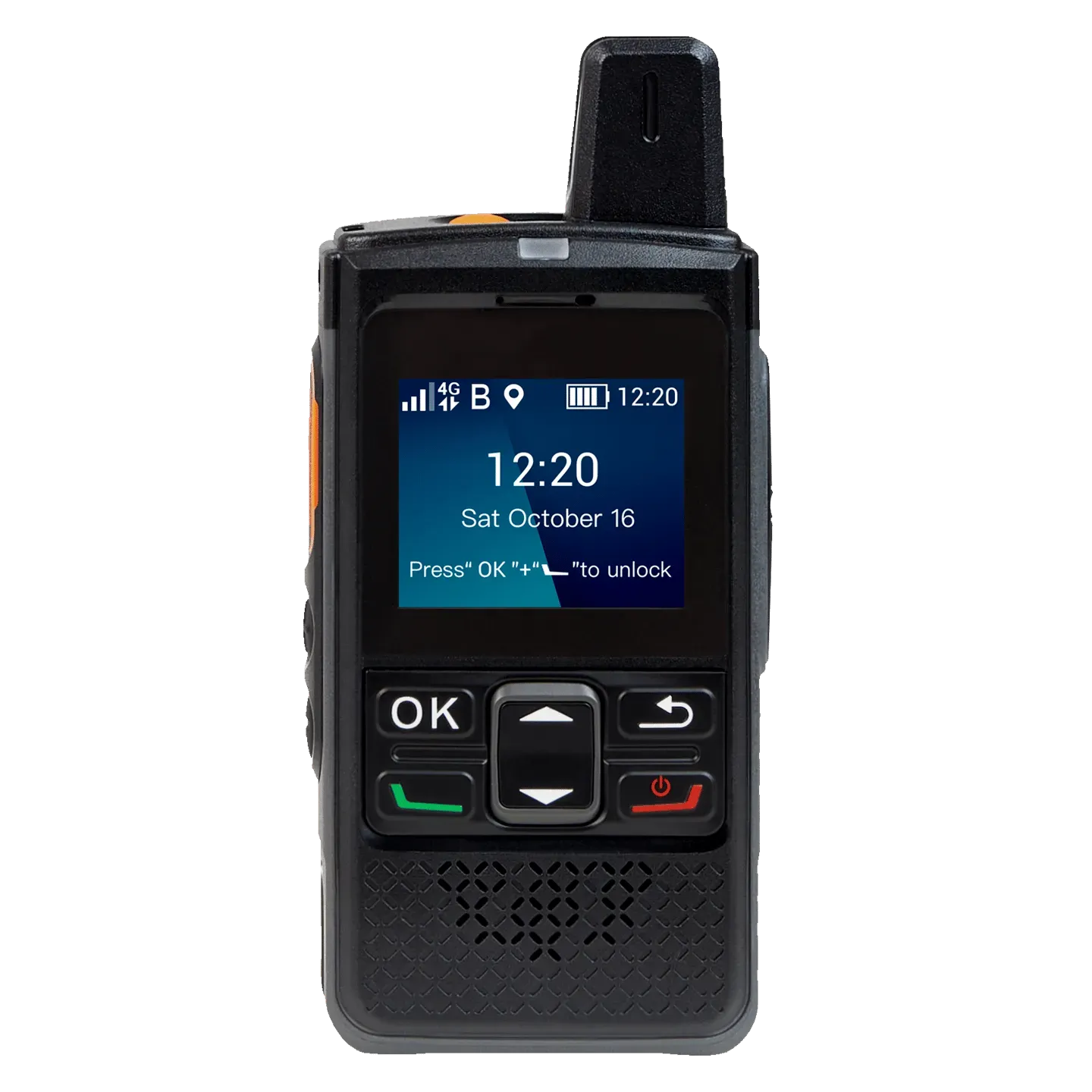 A cell phone with a screen that says 12:20 on it