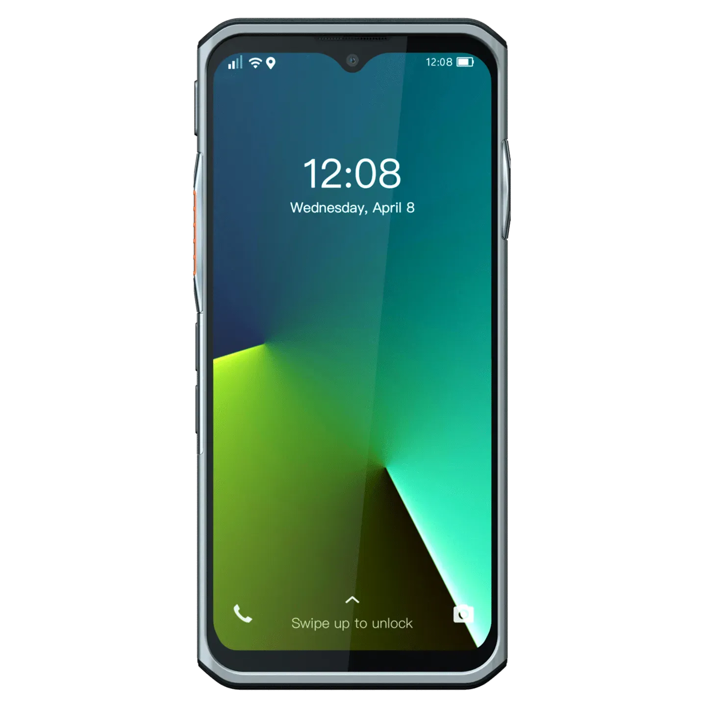 A cell phone with the time of 12:08 on it.