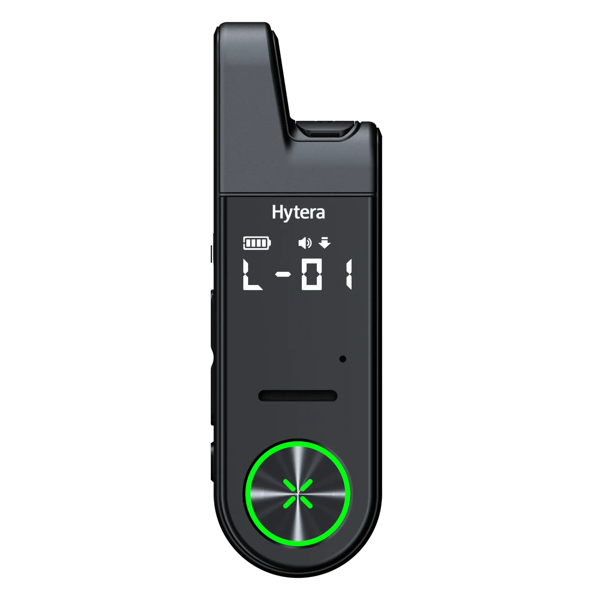 A black hytera walkie talkie with a green button on the side.