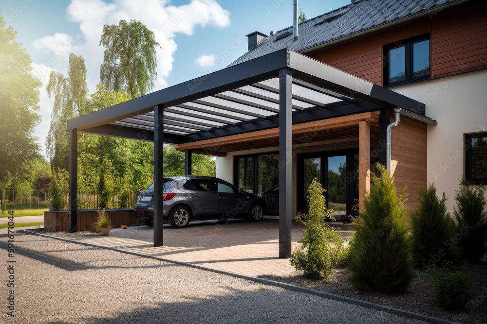 A car is parked under a pergola in front of a house.