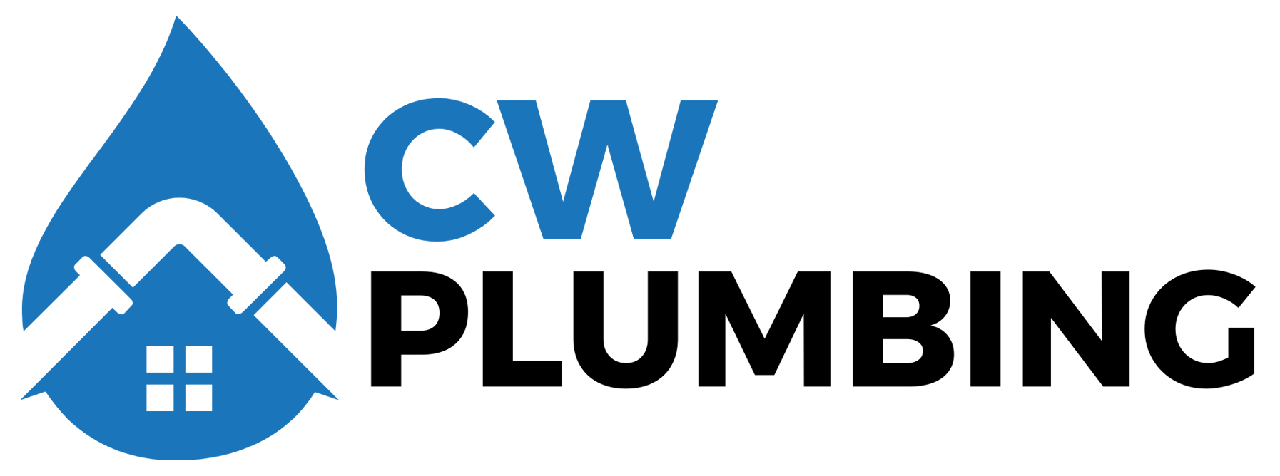 The logo for cw plumbing shows a house and a drop of water.