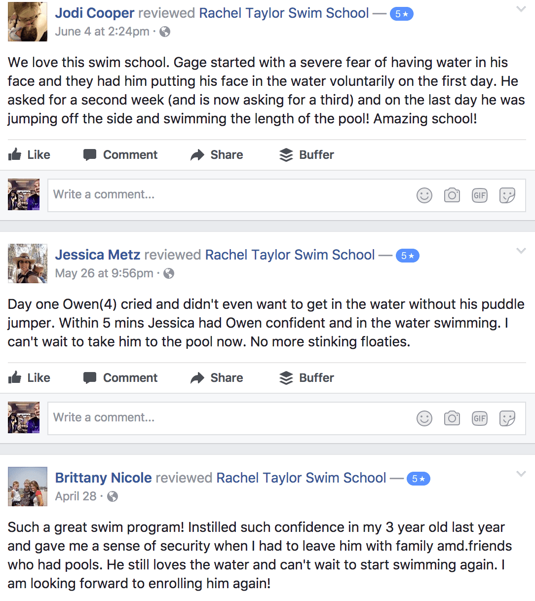Three positive Facebook reviews for Rachel Taylor Swim School praising improved swimming skills and confidence in children.