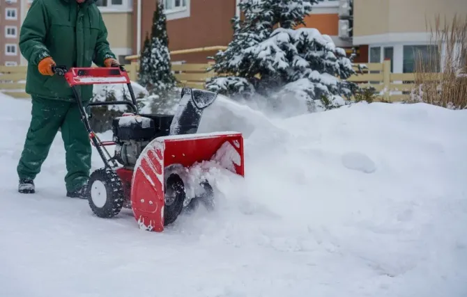 Man using a red snow blower on a sidewalk.