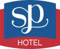 Logotipo do SP Hotel com "sp" branco sobre fundo azul e "HOTEL" sobre vermelho.