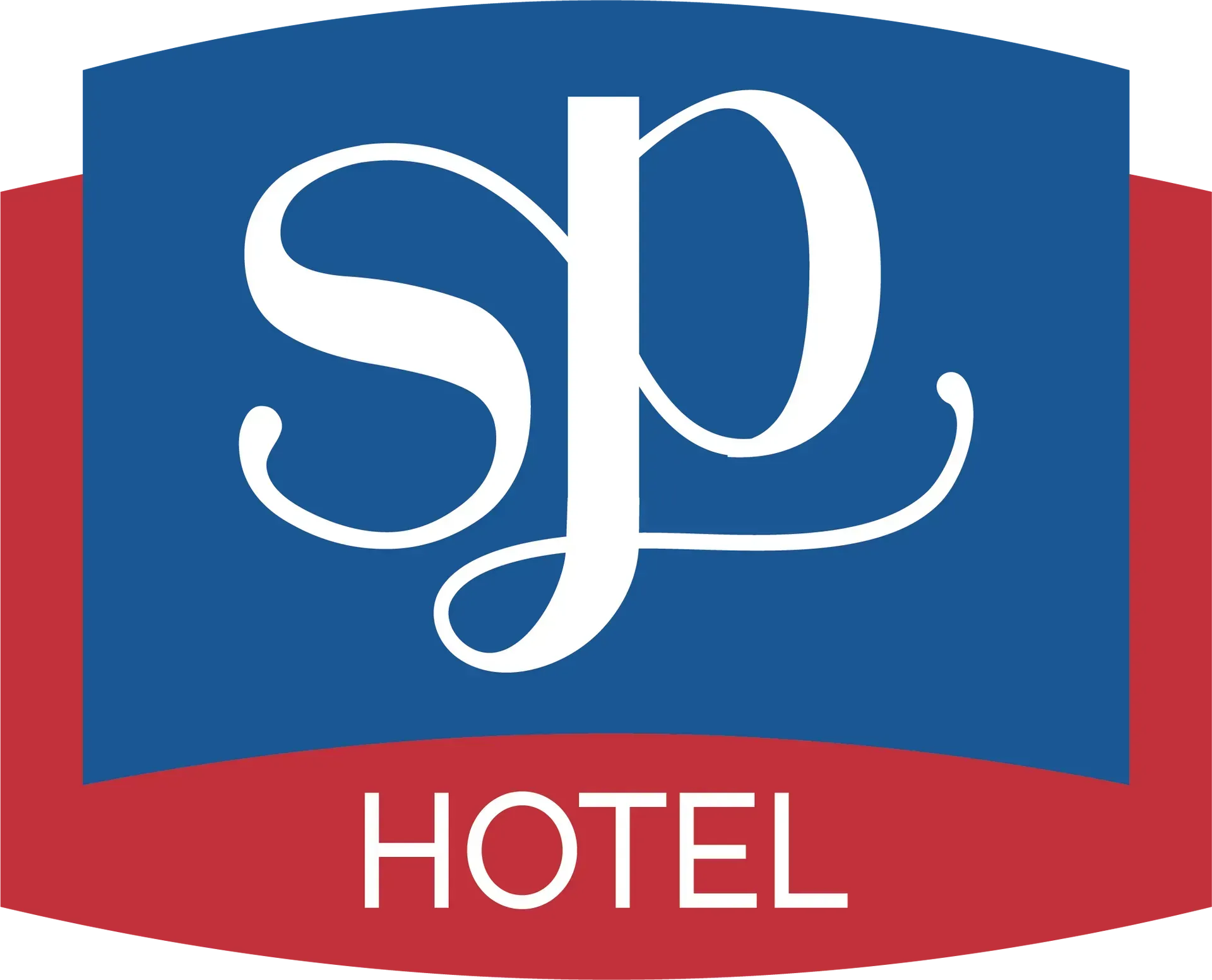 Logotipo do SP Hotel com "sp" branco sobre fundo azul e "HOTEL" sobre vermelho.