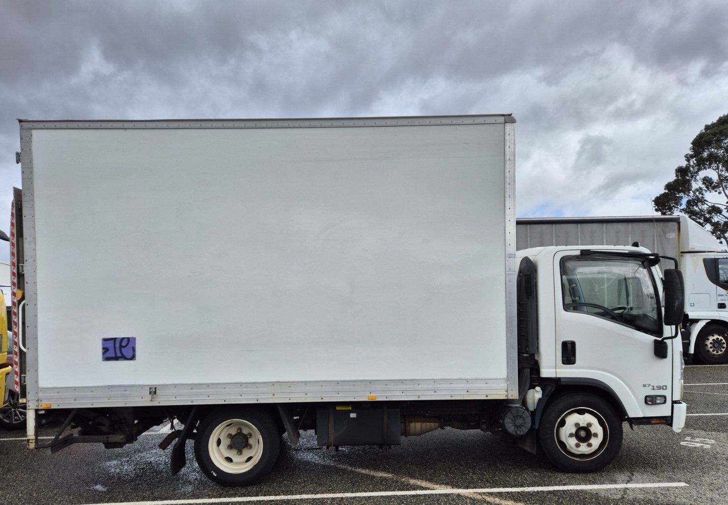 White box truck parked outdoors under a cloudy sky.