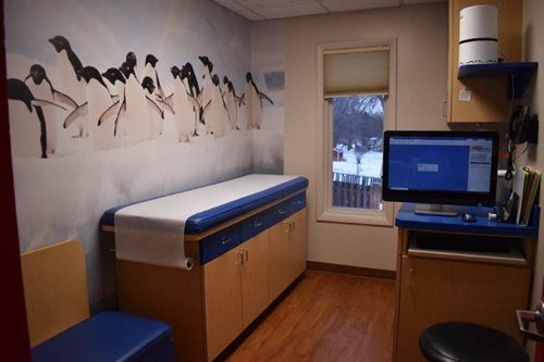 Clinic exam room with examination table, computer desk, and horse wall mural in a small windowed office