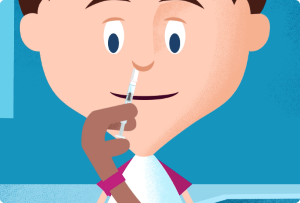 Person holding a syringe to another person's mouth in a close-up illustration