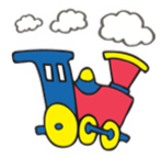 Colorful cartoon train with blue, yellow, and red cars under three white clouds
