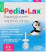 Pedia-Lax liquid glycerin suppositories box with a penguin mascot on a blue background