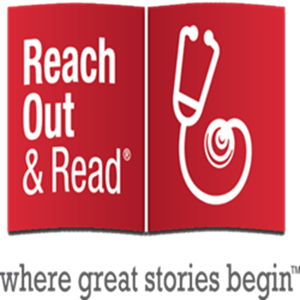 Reach Out and Read logo on a red open-book graphic with the tagline “where great stories begin.”