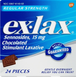 Ex-Lax regular strength laxative box, blue packaging with 24 pieces and chocolate stimulant tablets.
