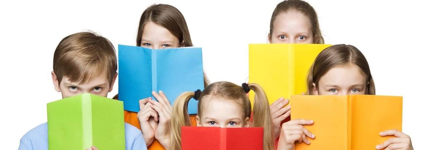 People holding colorful folders over their faces, peeking over them against a white background