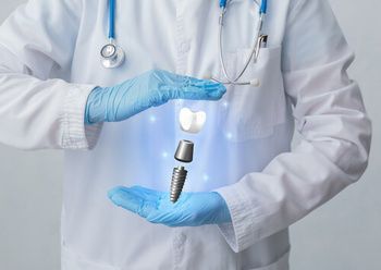 A Dentist in a White Coat and Blue Gloves Holds a Glowing — Killara Dental in East Killara, NSW