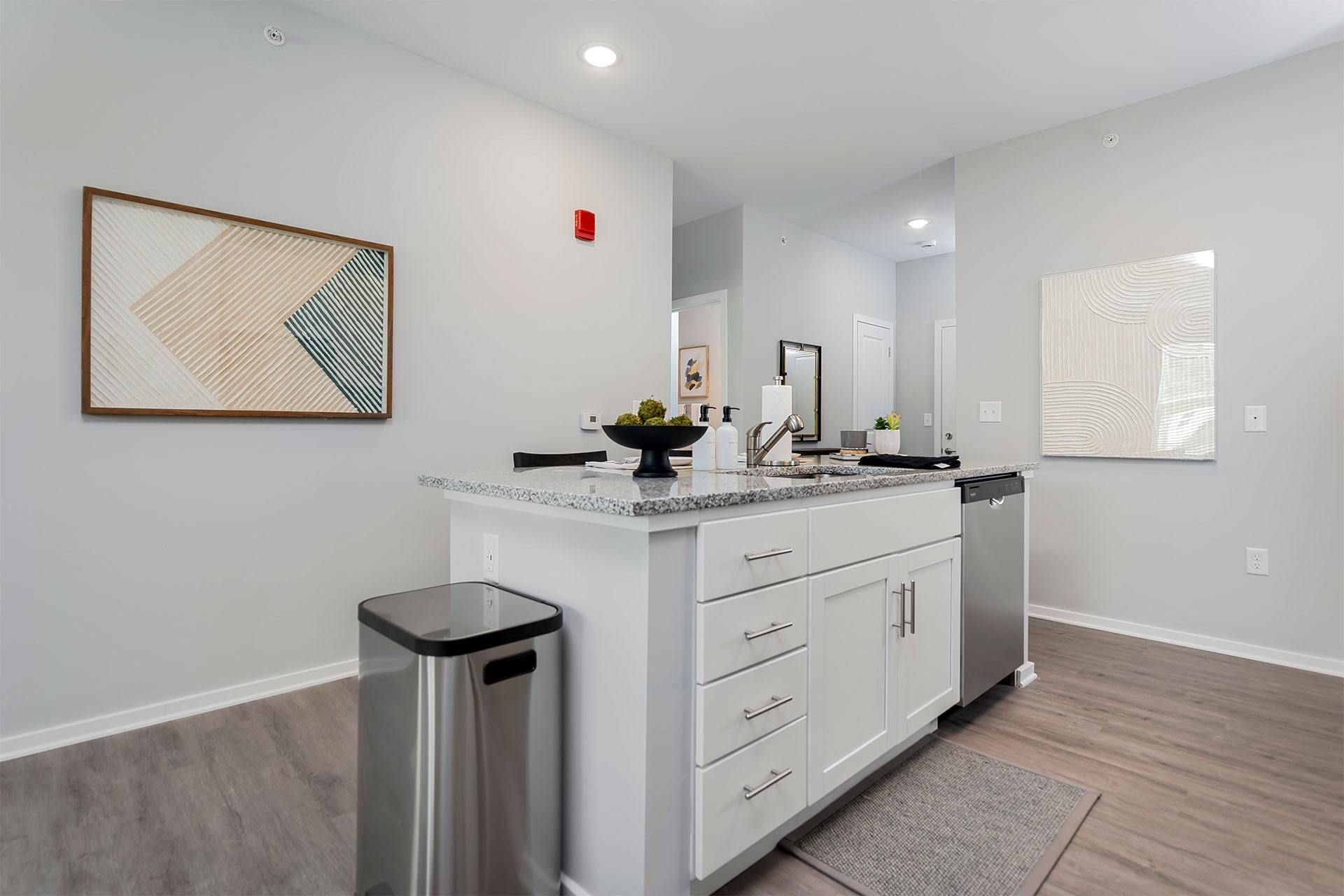 A modern kitchen with a stainless steel dishwasher and a trash can.