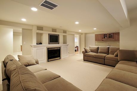 a living room with fireplace