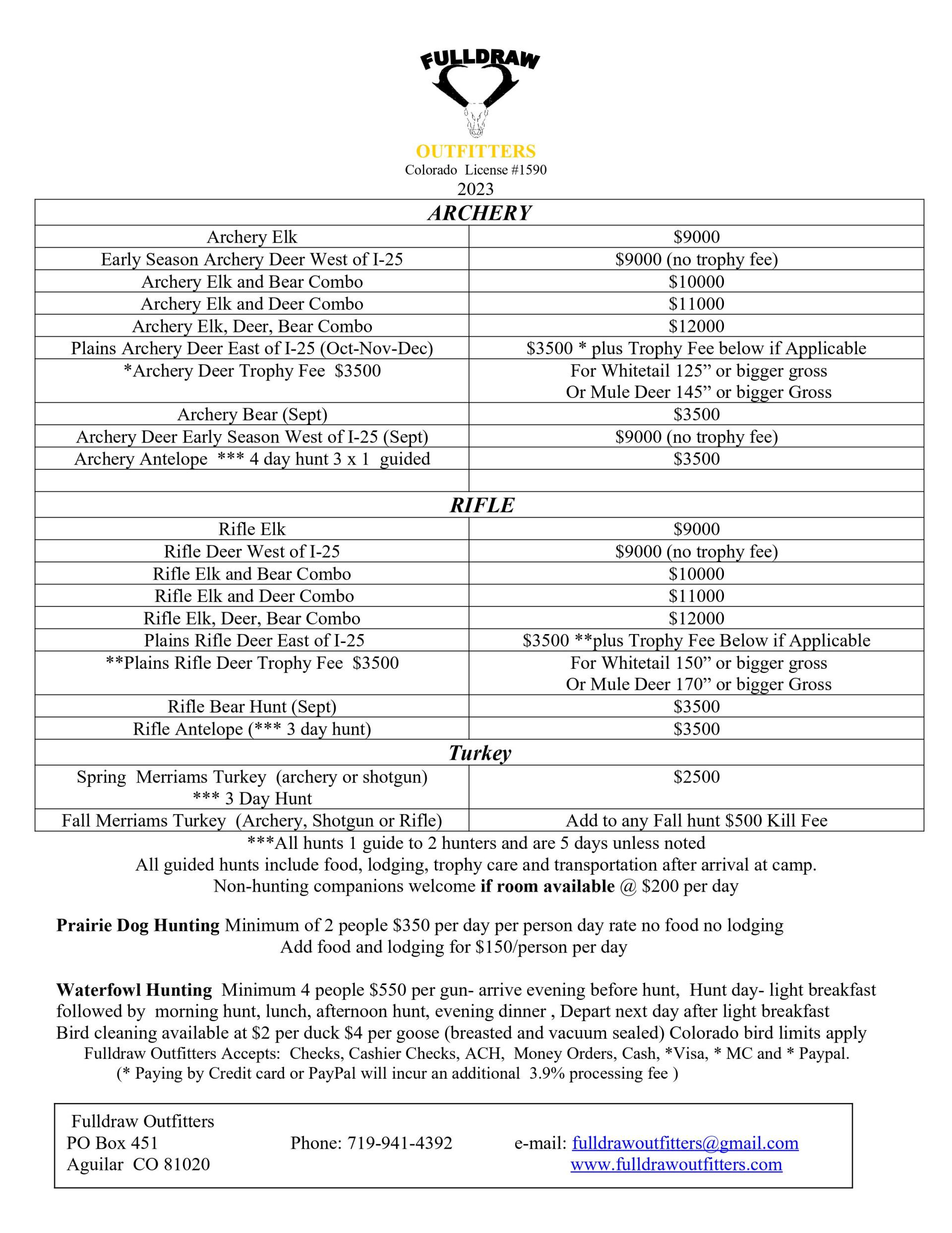 Fulldraw Outfitters Price List