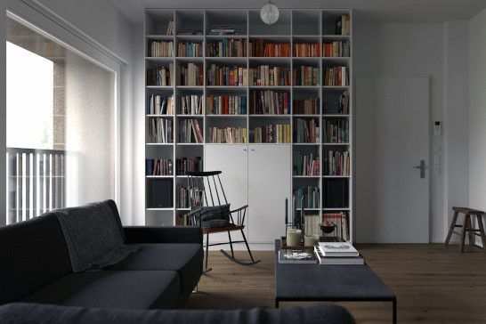 Library space with entertainment center and sliding door access