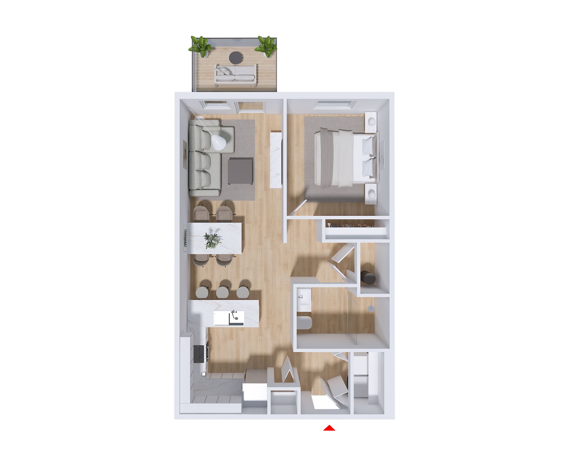 A floor plan of an apartment with a bedroom , living room , and kitchen.