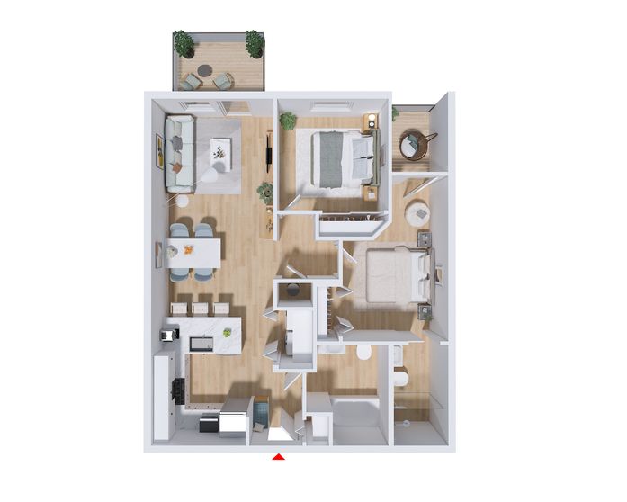 A floor plan of an apartment with a bedroom , living room , and kitchen.