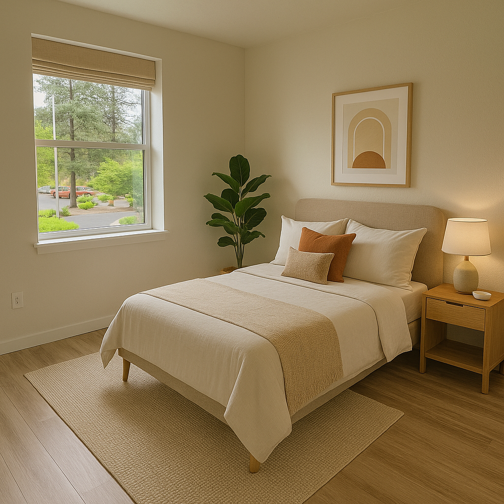 A bedroom with plant and nightstand.