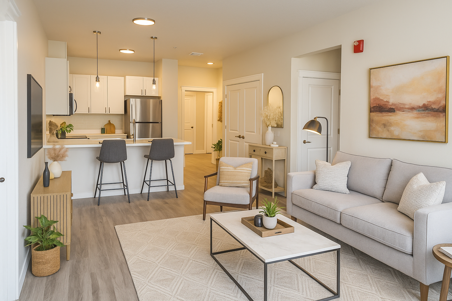 A living room furnished with couch, chair, and several plants.