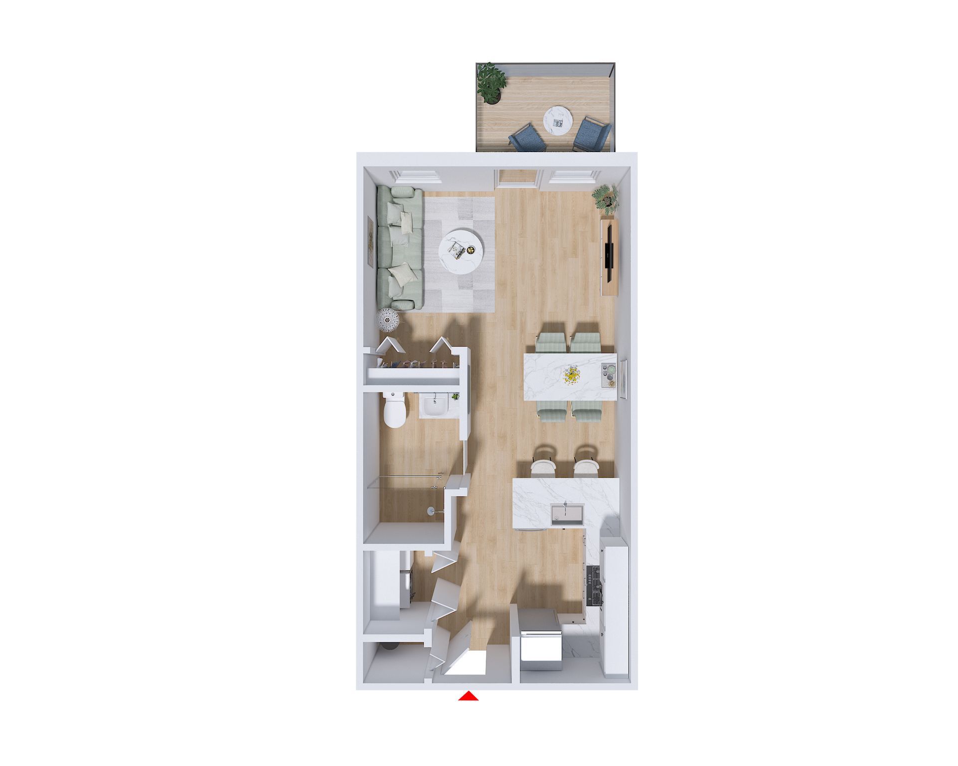 A floor plan of a studio apartment with living room , and kitchen.
