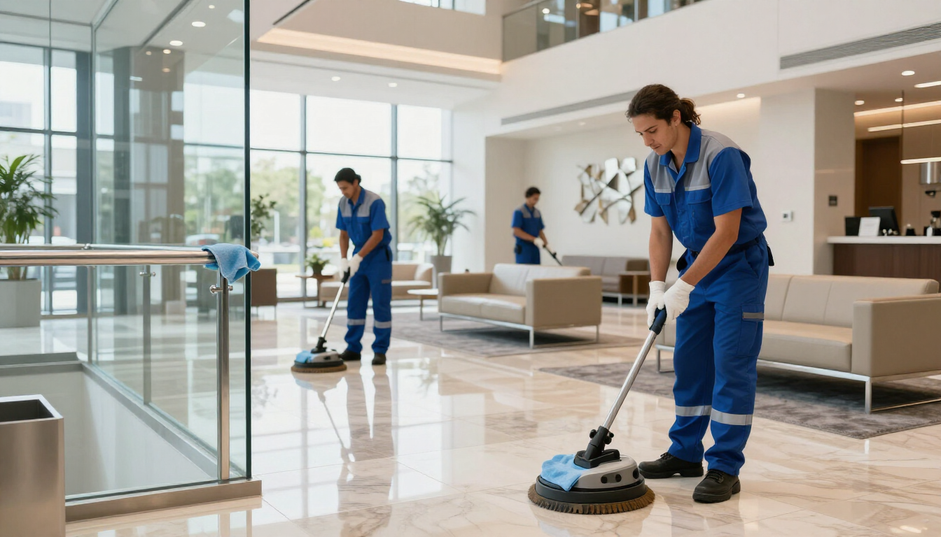 Professional janitorial staff cleaning a commercial office space.