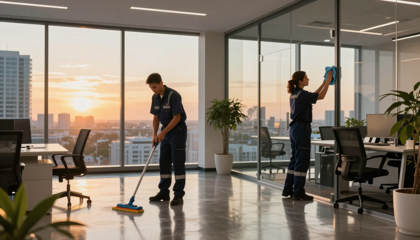 Professional janitorial team in a Miami office building lobby