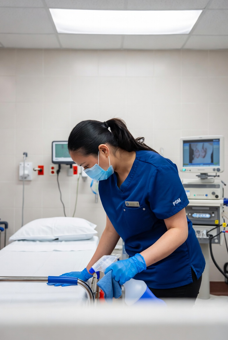Person in scrubs and mask disinfecting a hospital room's medical bed with spray and cloth.