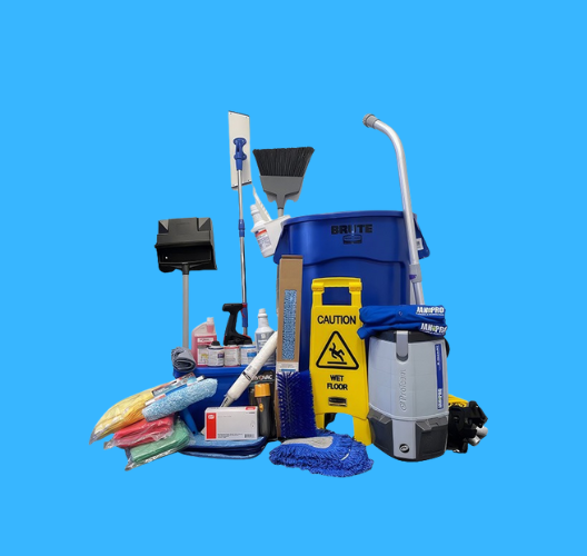 Cleaning supplies and equipment, including a mop bucket, caution sign, and vacuum, against a blue background.