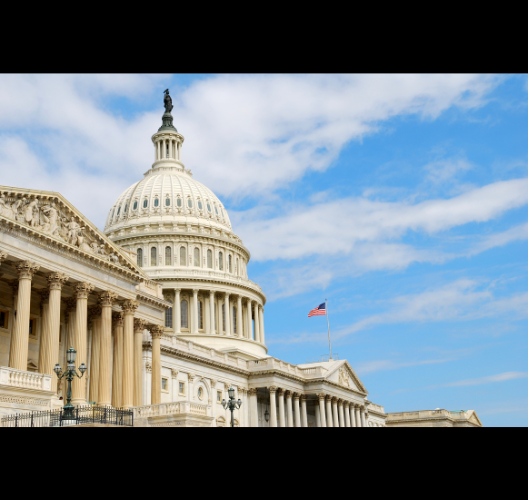 US Capitol Building with white dome and columns, blue sky and American flag.