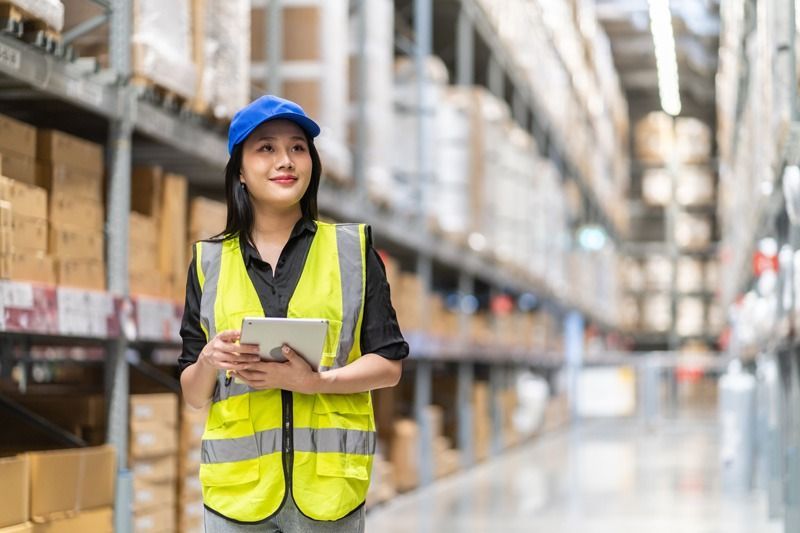 Woman in a warehouse, holding tablet, wearing blue cap and yellow vest, looking to the side.