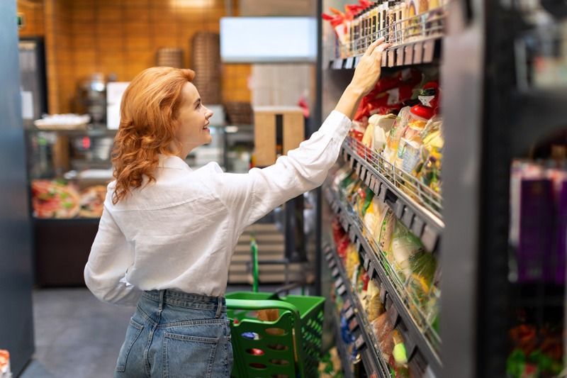 Woman reaching for a product on a grocery store shelf, shopping with a cart.