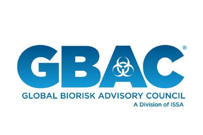 GBAC logo: Blue text and biohazard symbol, "Global Biorisk Advisory Council - A Division of ISSA".