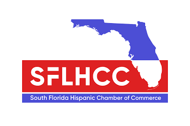 Logo of the South Florida Hispanic Chamber of Commerce; Florida outline above red and blue text "SFLHCC".