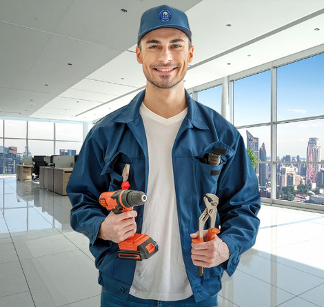 Smiling worker in blue uniform, holding drill and wrench, standing in office with cityscape view.