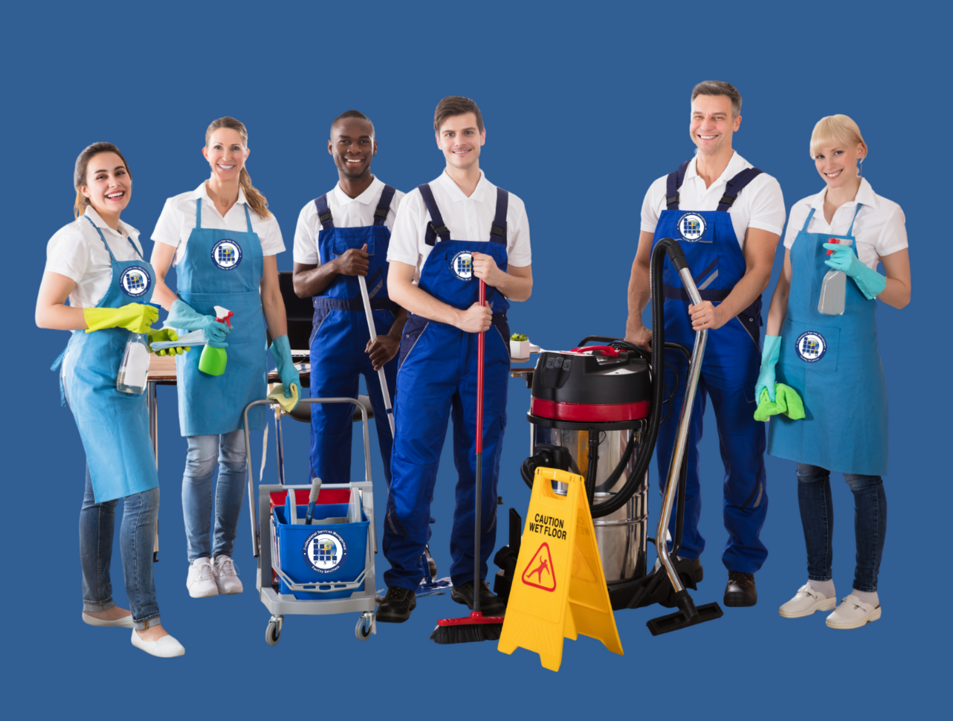 Cleaning crew in blue uniforms with equipment and a caution sign.
