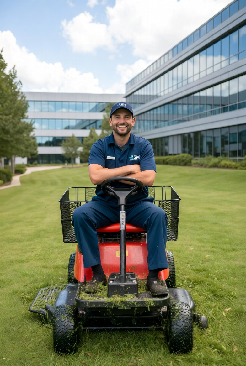 Man on riding lawn mower smiles, arms crossed, in front of a modern office building.