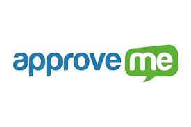 The logo for approve me is blue and green with a speech bubble.