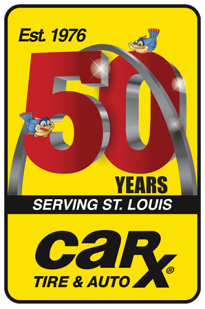 Car-X Tire & Auto 50th anniversary logo: yellow badge with blue bird mascot, text